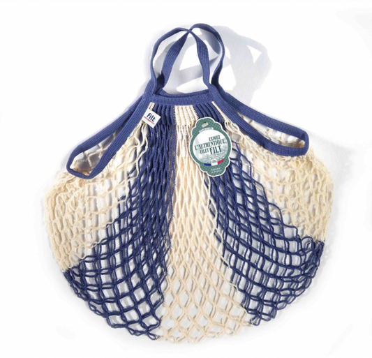 Filt - Small Net Shopping Bag - Short Handle - Jean Blue and Organic Ecru Stripes